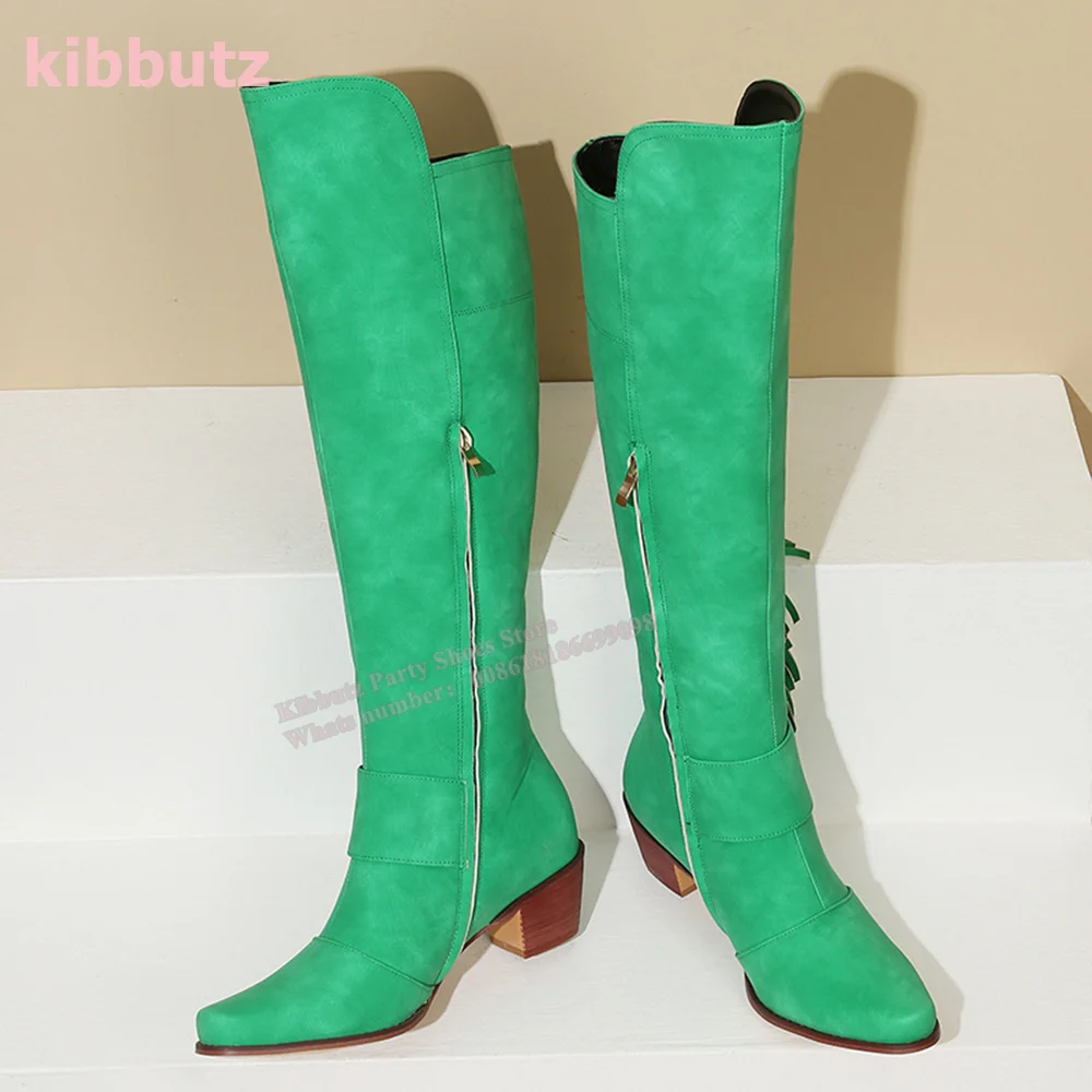 Suede Tassel Knee High Boots Pointed Toe Square Heel Belt Buckle Side Zipper Solid Blue Fashion Cowboy Sexy Women Shoes Newest