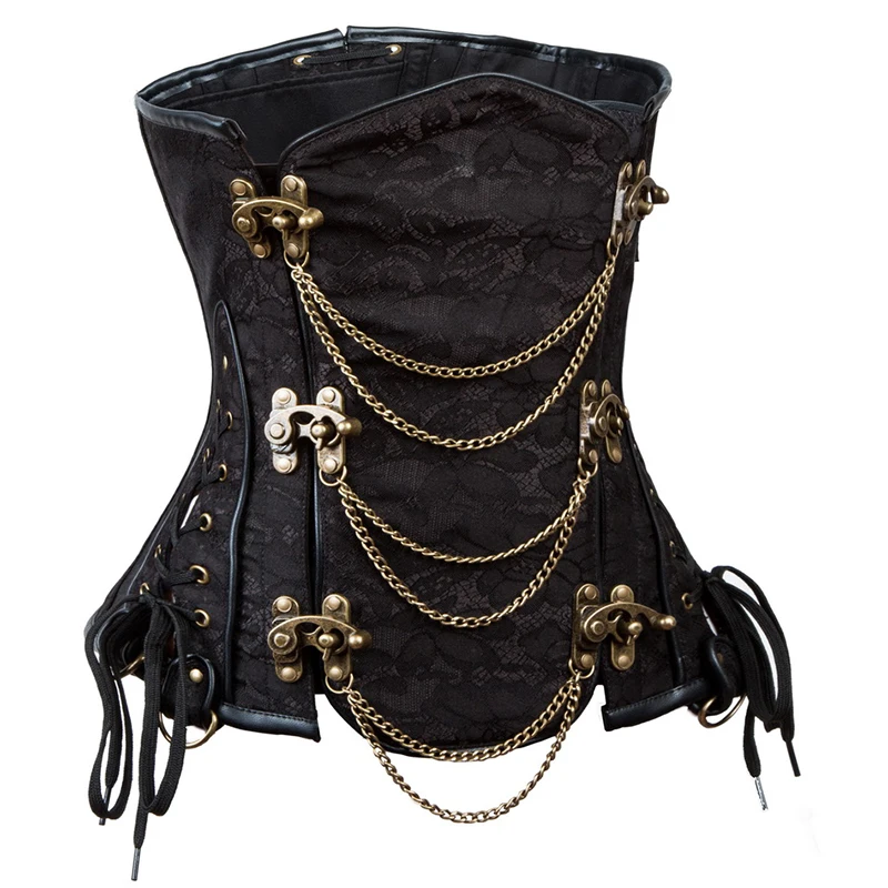 Braunes Steampunk-Unterbrustkorsett mit Stahlstäben, Taillentrainer für Damen, Shapewear, Bustiers und Korsetts, Gothic-Kleidung, Vintage-Korsett – Detail 9