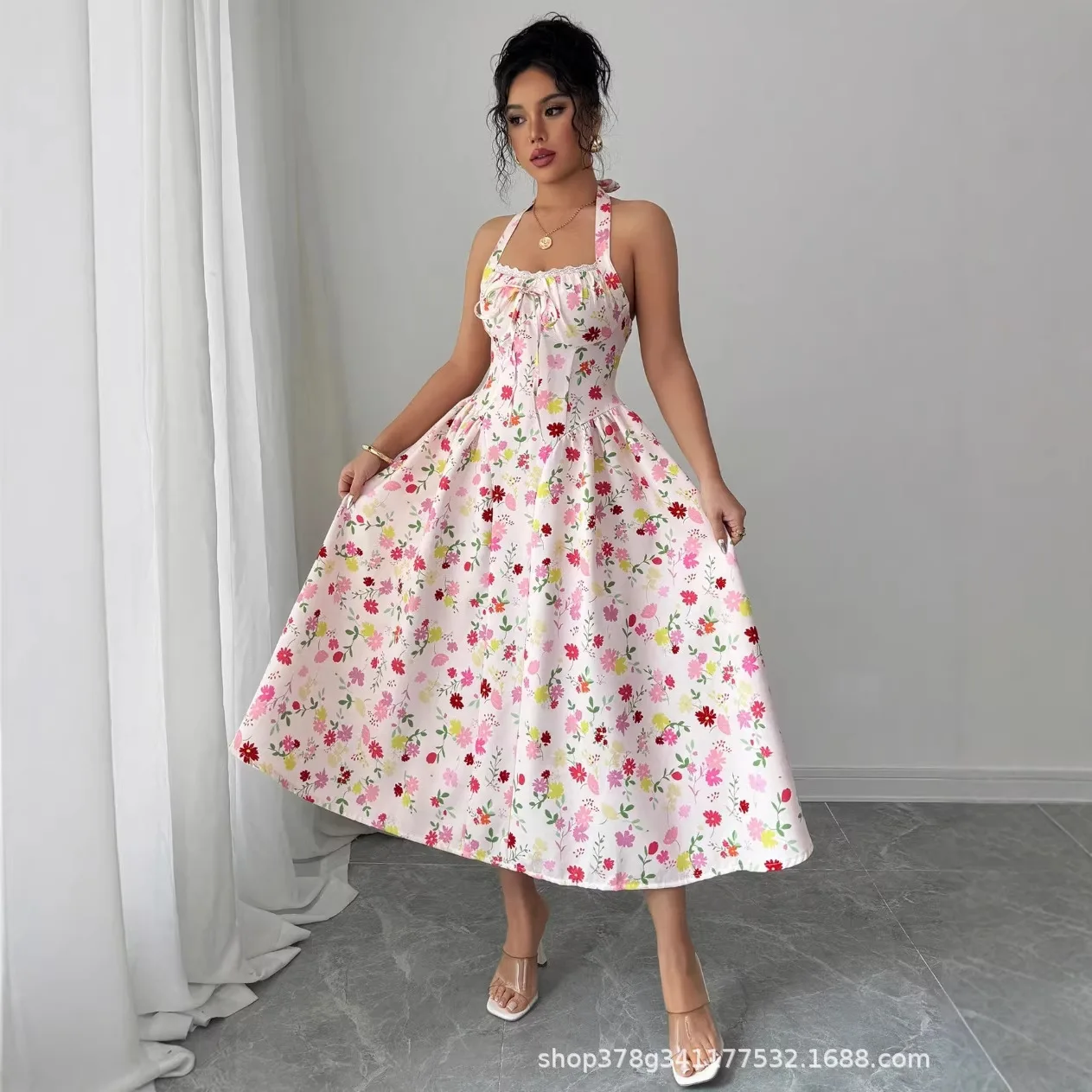 

2026 New Spring Style French Sweet Floral Print Halter Neck Tie Sleeveless Dress for European and American Ladies