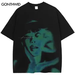 2023 Men Streetwear Hip Hop Oversized T Shirt Soulmate Shadow Abstrac Graphic Tshirt Distressed Harajuku Ripped Tops Tees Cotton