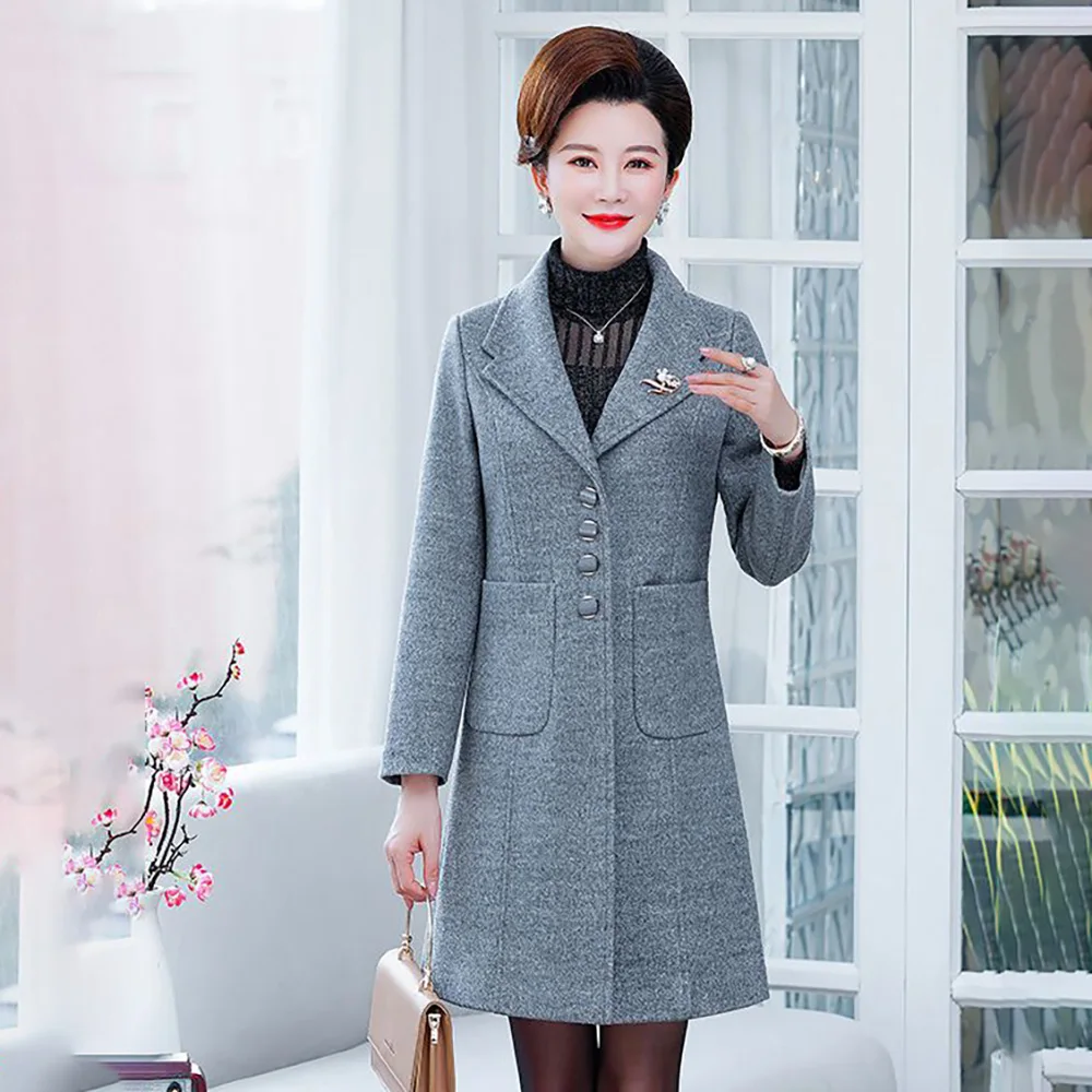 Middle-aged And Elderly Ladies Woolen Coat Temperament Long Mom Spring And Autumn 2024 Fashion New Loose Slim Coat Woman 5XL