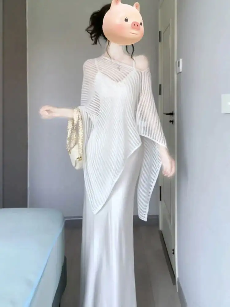 

Elegant Knitted Two-Piece Set Summer 2026 Goddess Style Midi Dress And Cardigan Sweater Ensemble for Date And Workwear