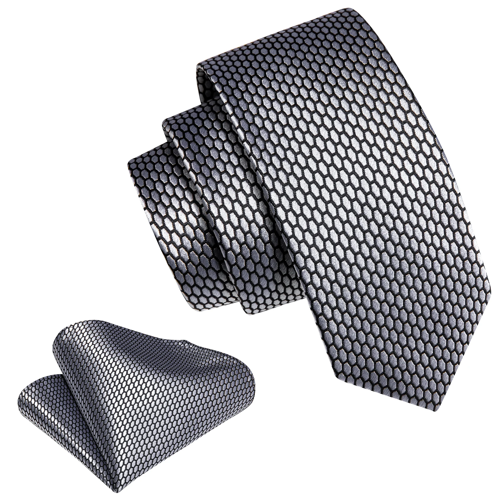 Glossy Hexagonal Honeycomb Men Tie Set Woven Necktie Hanky Cufflinks Plaid Formal Suit Accessory for Wedding Business Party