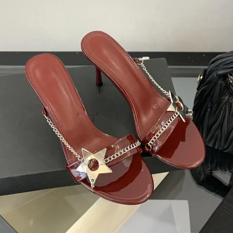 

Metallic Decoration Thin High Slippers Ladies Sexy Chain Summer New Slides Female Designer Brand Sandals Ladies Party Shoes
