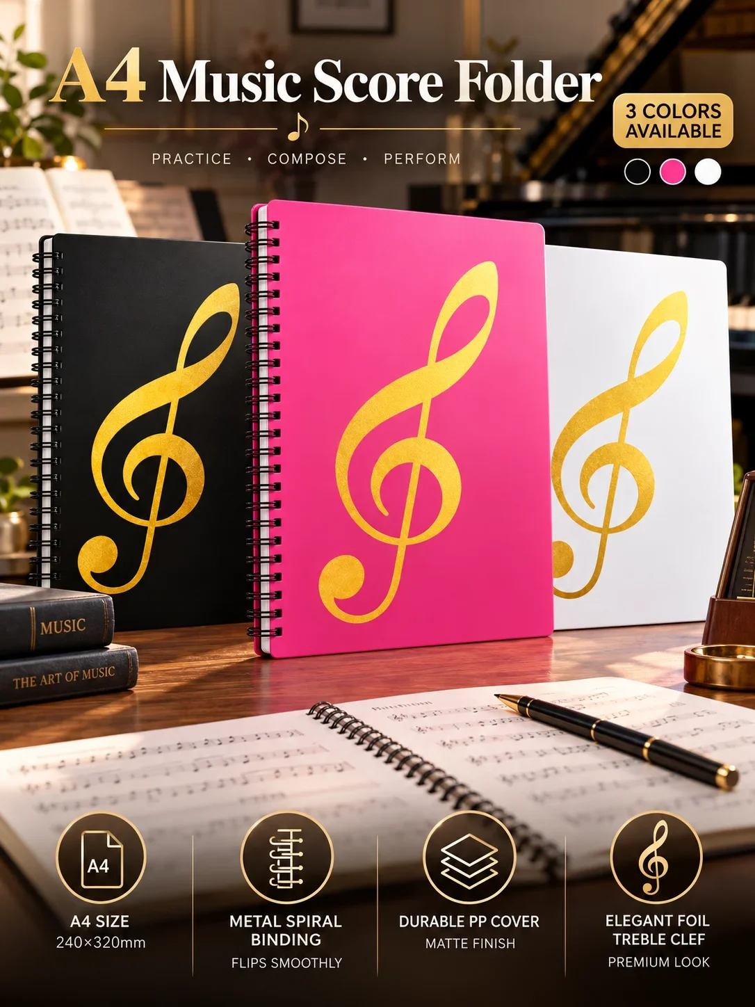 A4 Sheet Music Binder, Non-Glare Piano Score Folder, 20-Page Multi-Function Music Clip Folder