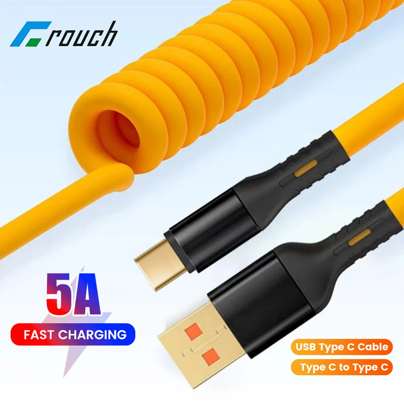 5A Fast Charging Spring Data Cable Retractable USB C To Type C Cable for Samsung Huawei Xiaomi Redmi OPPO Charger Wire Cord