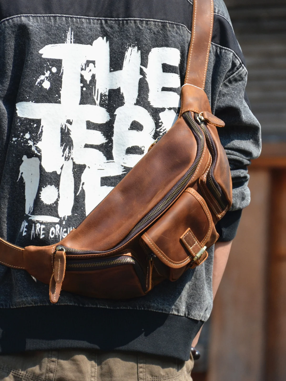 

Vintage handmade genuine leather multifunctional chest bag casual pocket outdoor sports luxury crazy horse cowhide crossbody bag