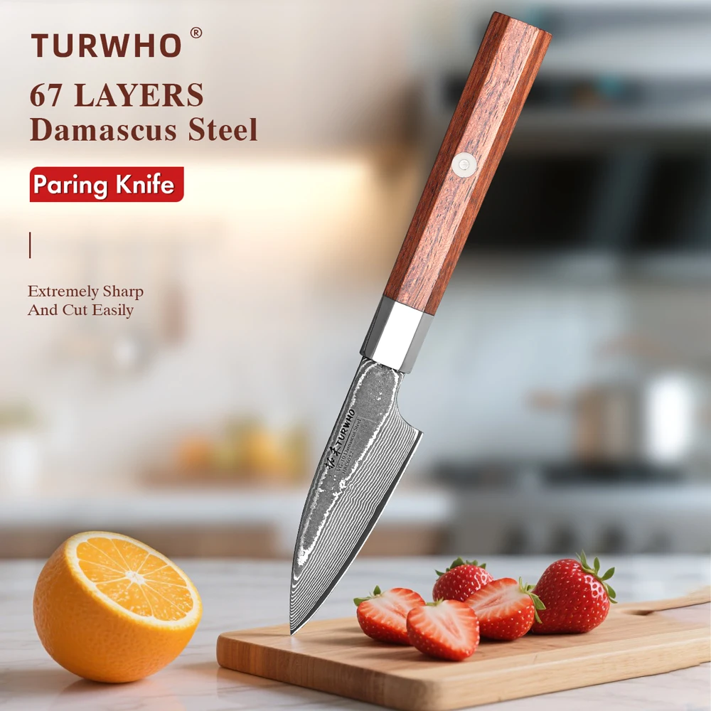 

TURWHO 3" Paring Knife 67 Layer Damascus Steel Kitchen Chef Knife Cutter Fruit Peeling Slicing Utility Vegetable Cooking Tools