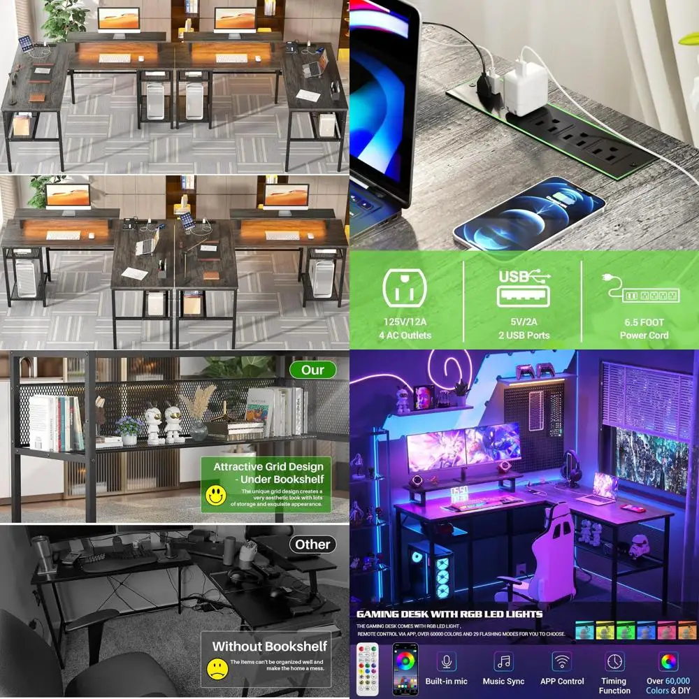 55 Smart LED, Magic Outlet L-Shaped Desk, Reversible Corner Office Gaming Table with Storage, Black Oak