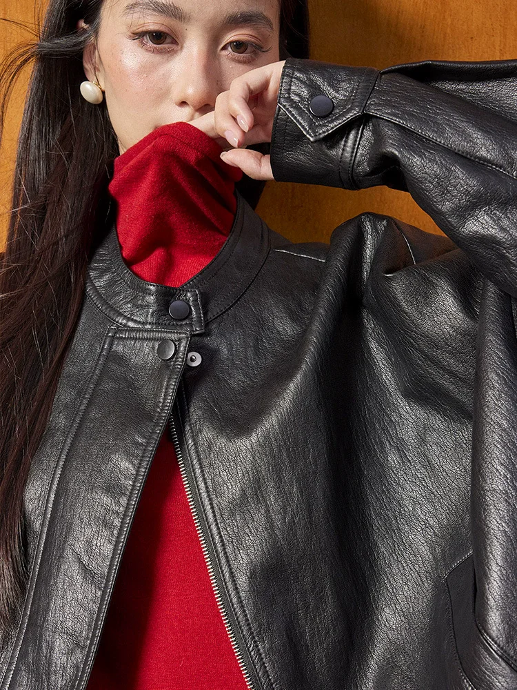 Giacca corta da motociclista in pelle PU allentata dolce e alla moda classica