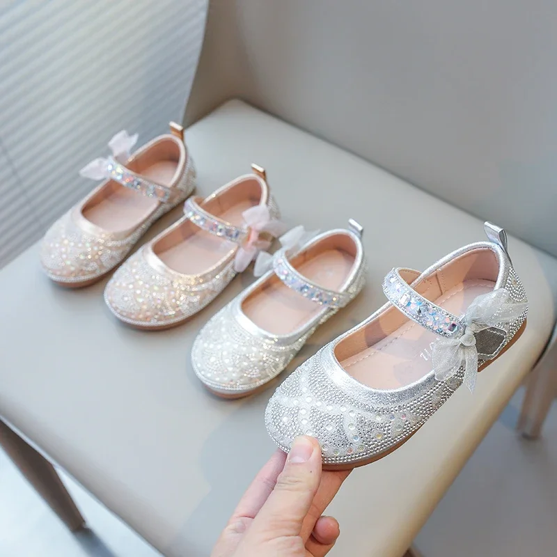 

Girls Leather Shoes Kids Sweet Dress Shoes for Wedding Party Rhinestone with Lace Bowtie Rhinestone Princess Flats Mary Janes