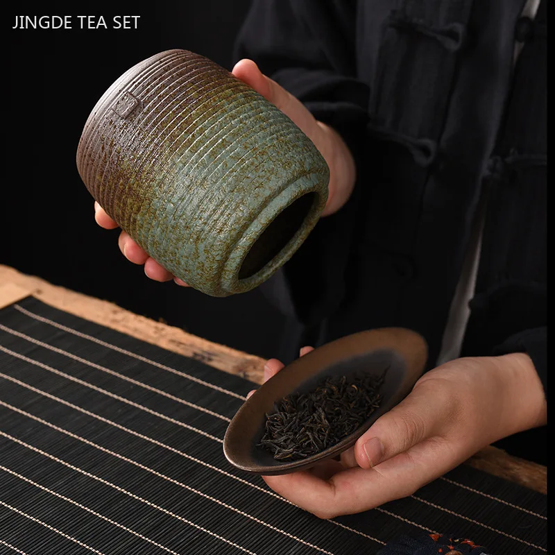 Vintage Stone Green Coarse Pottery Tea Container Household Sealed Tank Japanese Ceramic Tea Storage Tank Kitchen Coffee Storage