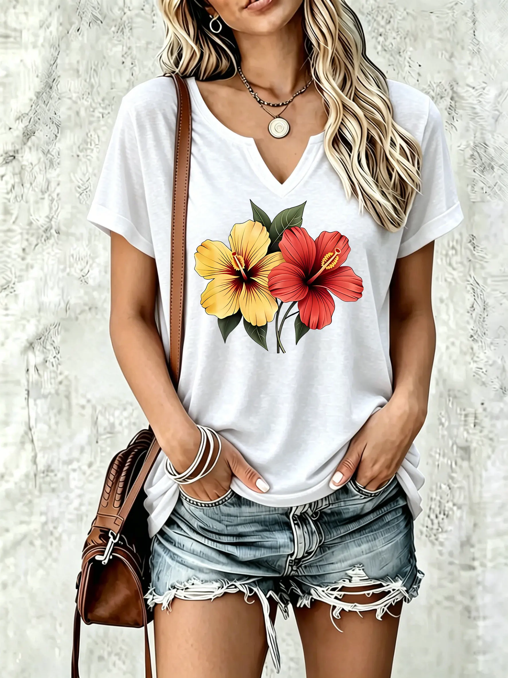 Damen-T-Shirt mit V-Ausschnitt und kurzen Ärmeln, leuchtendem Hibiskusblüten-Print und frischen grünen Blätterelementen, lässiges Sommer-T-Shirt – Detail 6