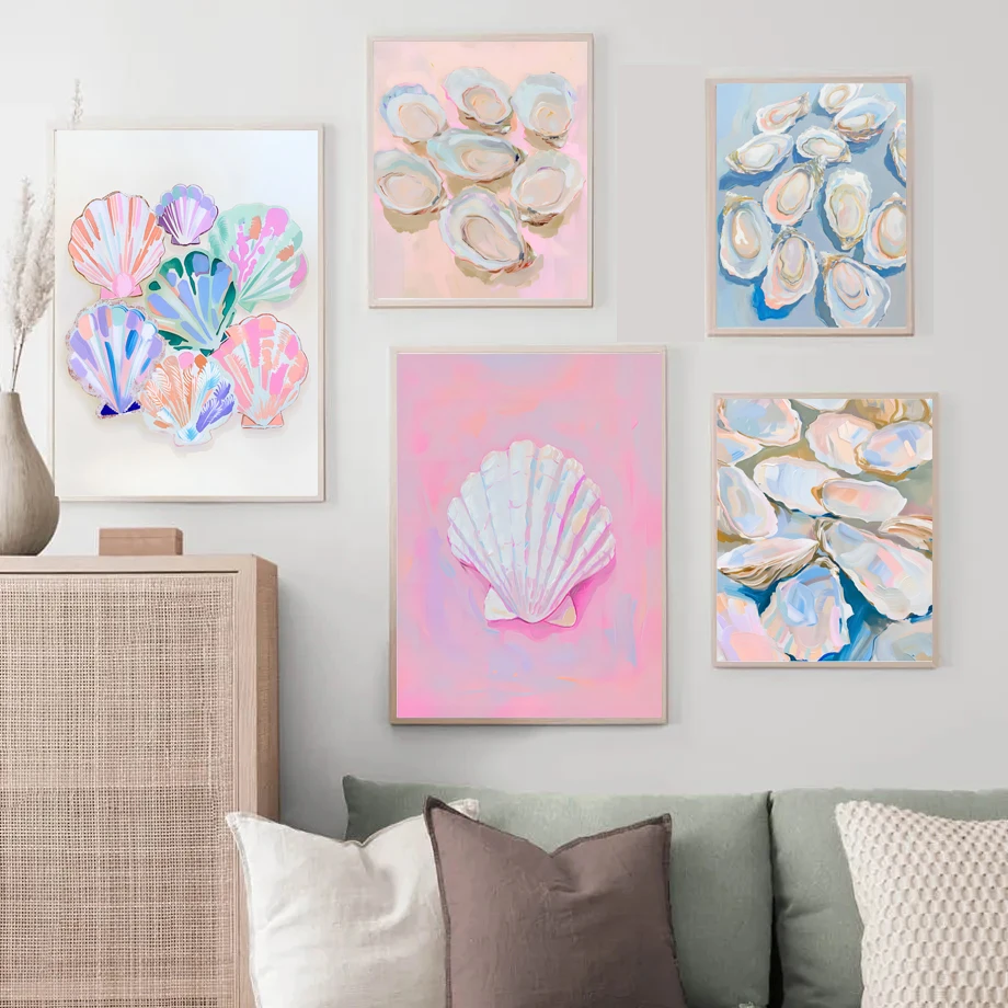 Soft Abstract Oil Painting of Summer Coastal Pink Oyster Shell Rose Poster Canvas Painting Wall Art Pictures Home Decor