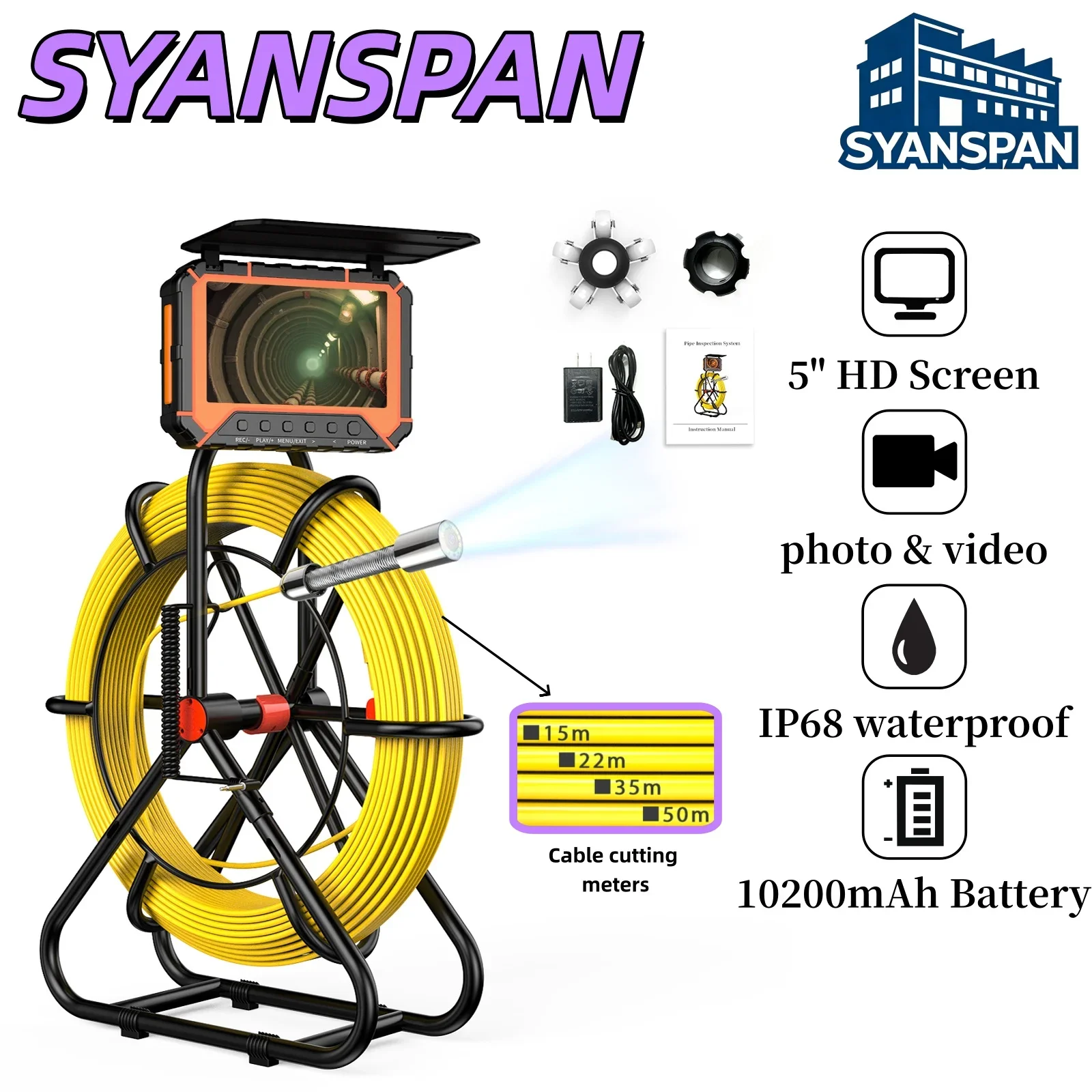 

5Inch HD 1080P Sewer Pipe Camera 32GB Video&Audio Recording 23MM HD Camera Head for Home Inspection IP68 Waterproof 20M/30M/50M