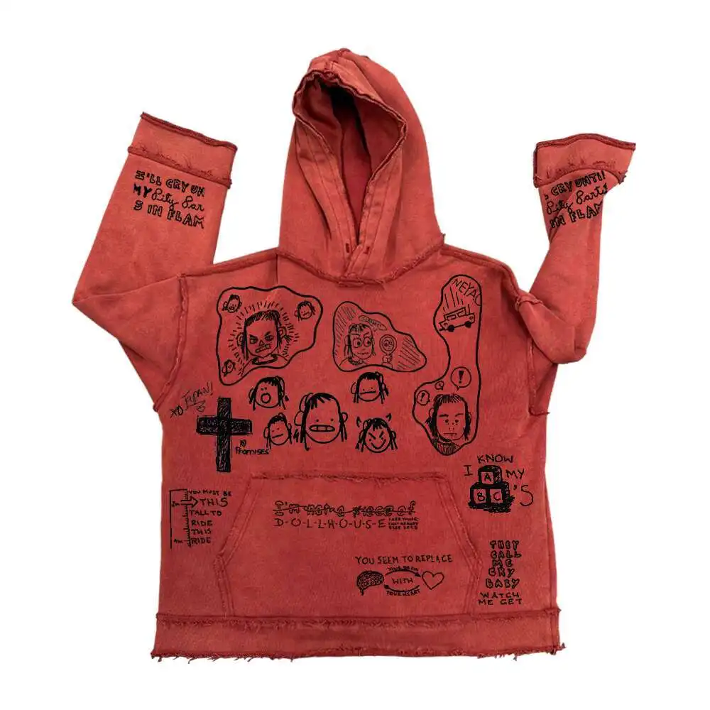 Man Hoodies 2025 Vintage Full Body Graffiti High-end Distressed Washed Destroyed Hooded Sweatshirt