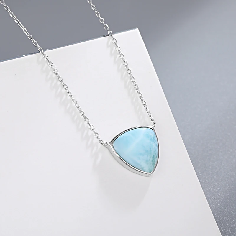 Geometric Aesthetic 925 Sterling Silver Jewelry Classic Larimar Pendant Necklace Natural Precious Retro Woman Contracted Style