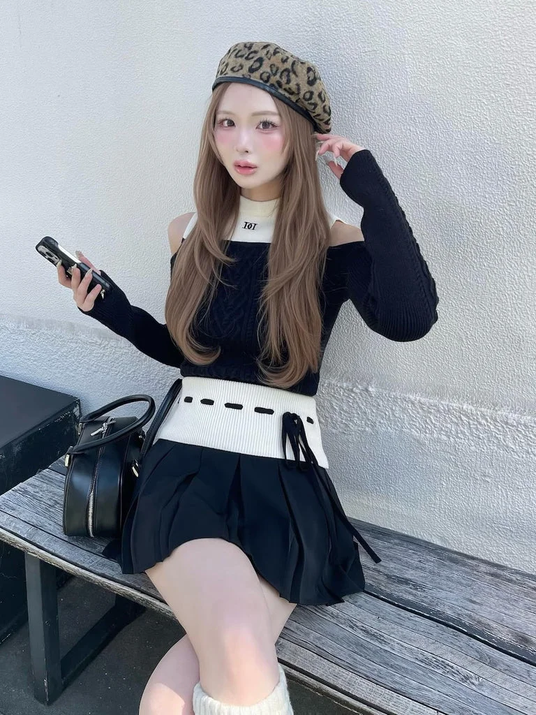 Elegant Knitted Slim Fit Two Piece Set Shoulder Bared mid High Collar Autumn Winter Women's Fashion Warm Long Sleeve Striped ...