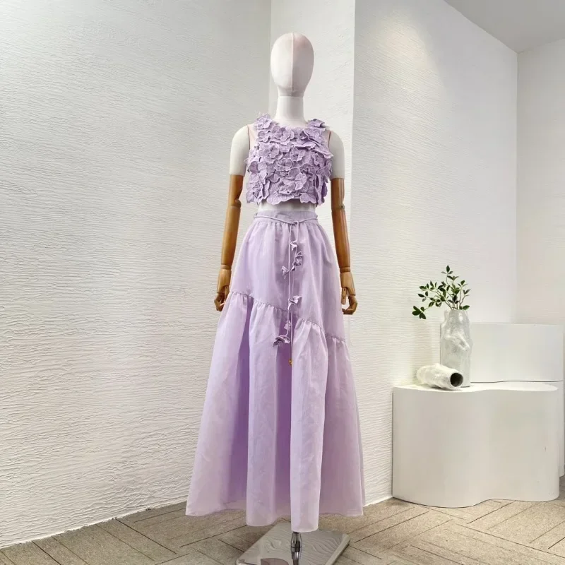 

2025 New Design Spring Summer Violet Purple Flowers Appliqued Sleeveless Backless Tank Tops and Skirt Women Outfit Holiday Set