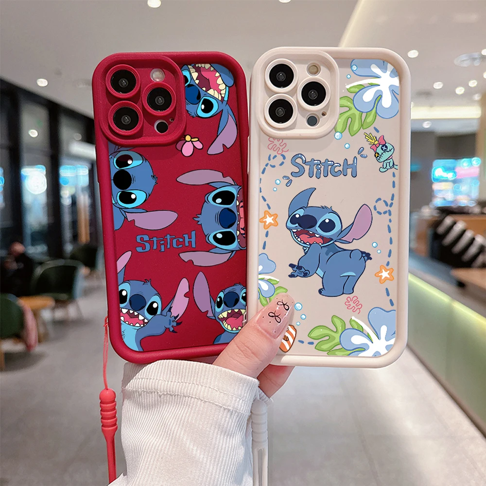 

Cartoon Stitchs Disneys Phone Case for IPhone 15 14 13 12 11 Pro Max Mini XR XS X 7 8 Plus Soft TPU Back Cover With Hand Strap