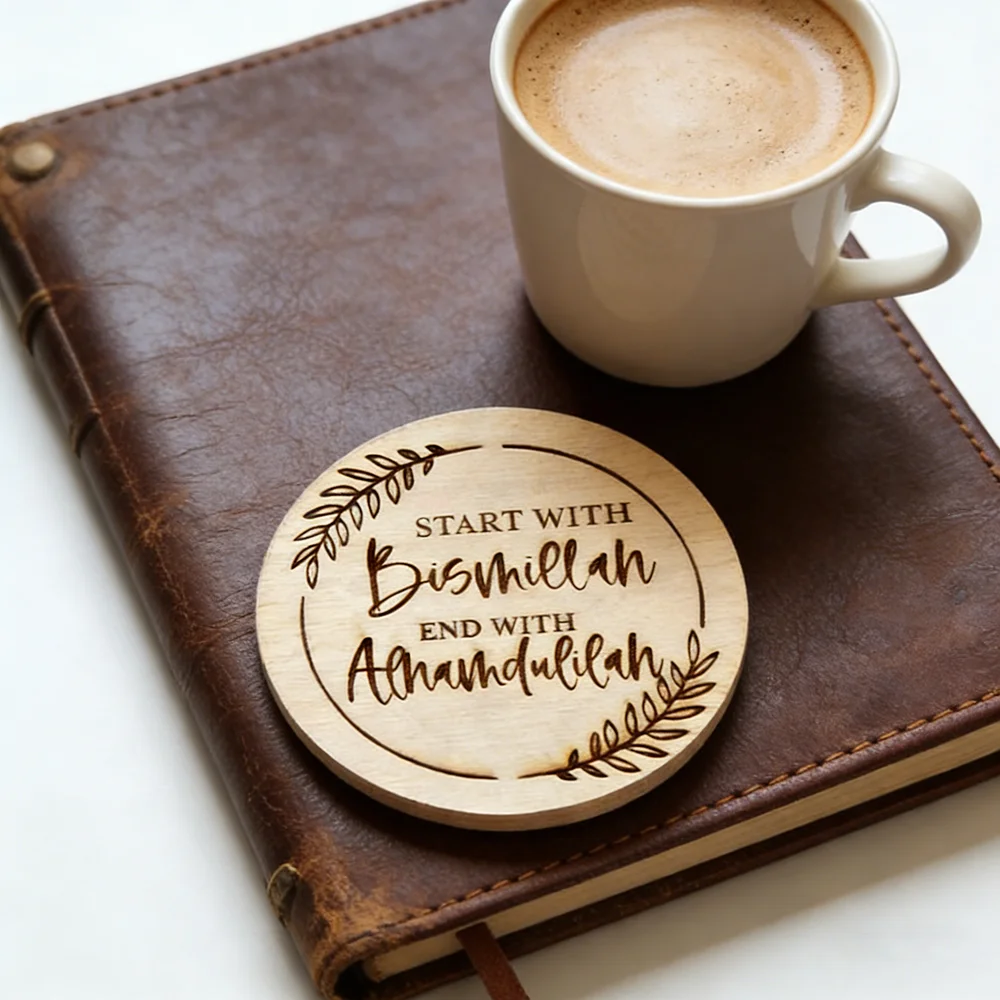

1Pcs Start with Bismillah End with Alhamdulillah Wooden Coasters Ramadan Decoration 2026 Eid Mubarak Accessories Islamic Gift