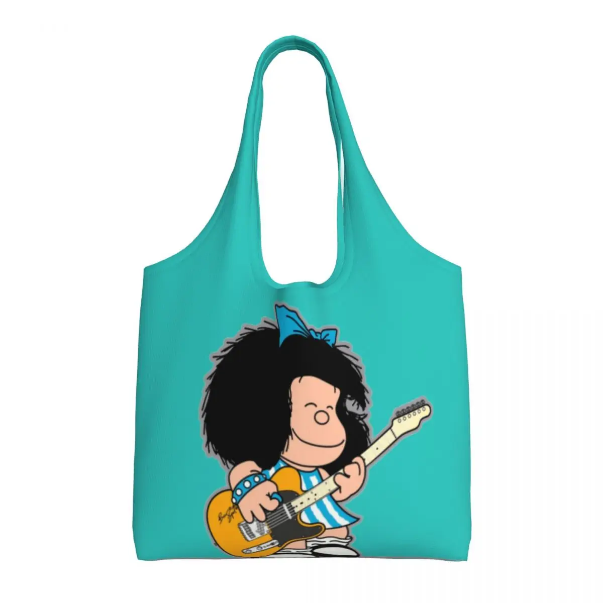 Custom Print Mafalda Playing Her Guitar Tote Shopping Bags Reusable Canvas Shopper Shoulder Quino Kawaii Cartoon Bags Handbag