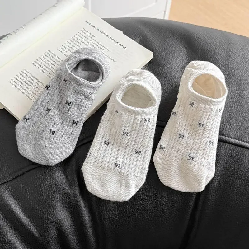 

Korean Style Women Ankle Socks with Bow Print, Non-Slip Heel, Summer Breathable Instagram Fashionable Casual Sock