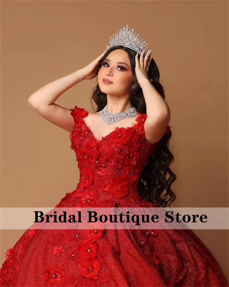 Red Sparkly Ball Gown Quinceanera Dresses 2023 3D Flower Applique Off Shoulder Sweet 15 16 Dress Birthday Party Wear