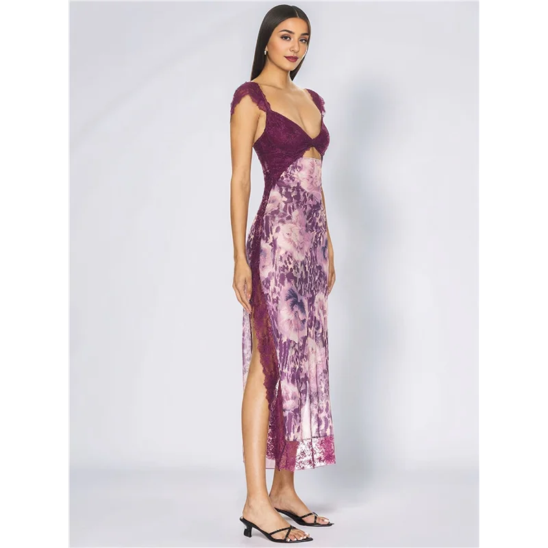 A83F-Women Lace Patchwork Mesh Maxi Dress Floral Print Cutout Sweetheart Neck Backless Slit Summer Y2K Long Dresses