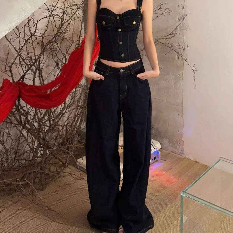 

Retro Camisole Top, Jeans Two-piece Set, Spicy Girl Sexy Outfit, Pants, Summer One Set Outfit