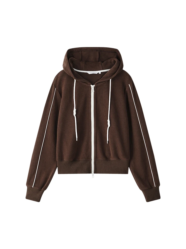 DUSHU Women Casual Contrast Sweatshirt Suit Double Zipper Cropped Sweatshirt Jackets Winter Brown Mid-Length Straight Skirts