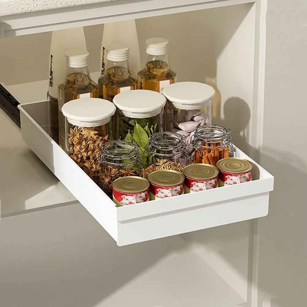

Pull-out Kitchen Storage Rack Anti-slip Large Capacity Spice Box Storage Rack with Slide Rails Plastic Slide Out Pantry Shelves