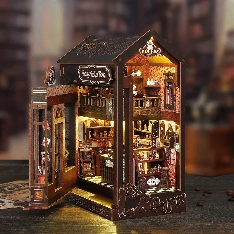 DIY Book Nook Shelf Insert Kit Magic Coffee Shop Bookend Miniature Dollhouse 3D Puzzle Assembly Model for Adults Gifts Toys