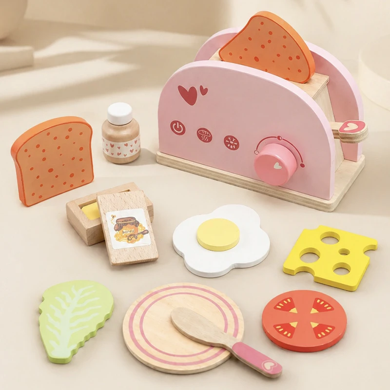 Wooden Toaster Toy Kids Bread Machine Kit Pretend Play Kitchen Toys Set Breakfast Educational Toys Gifts for Girls Boys