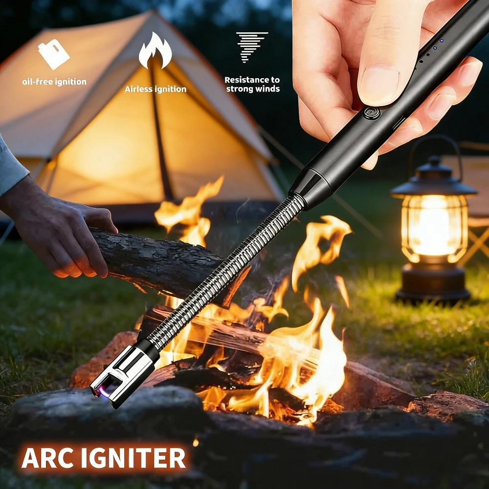 Accendino Elettrico ad Arco Ricaricabile USB 360 ° Accendino a Impulsi Antivento con Tubo Flessibile, in Lega di Zinco, Indicatore LED, Sicuro, Nero