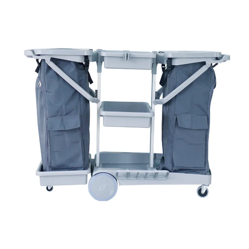 Commercial Janitor Truck Plastic Cleaning Trolley For Hotel With Source Separation Nylon Trash Bag