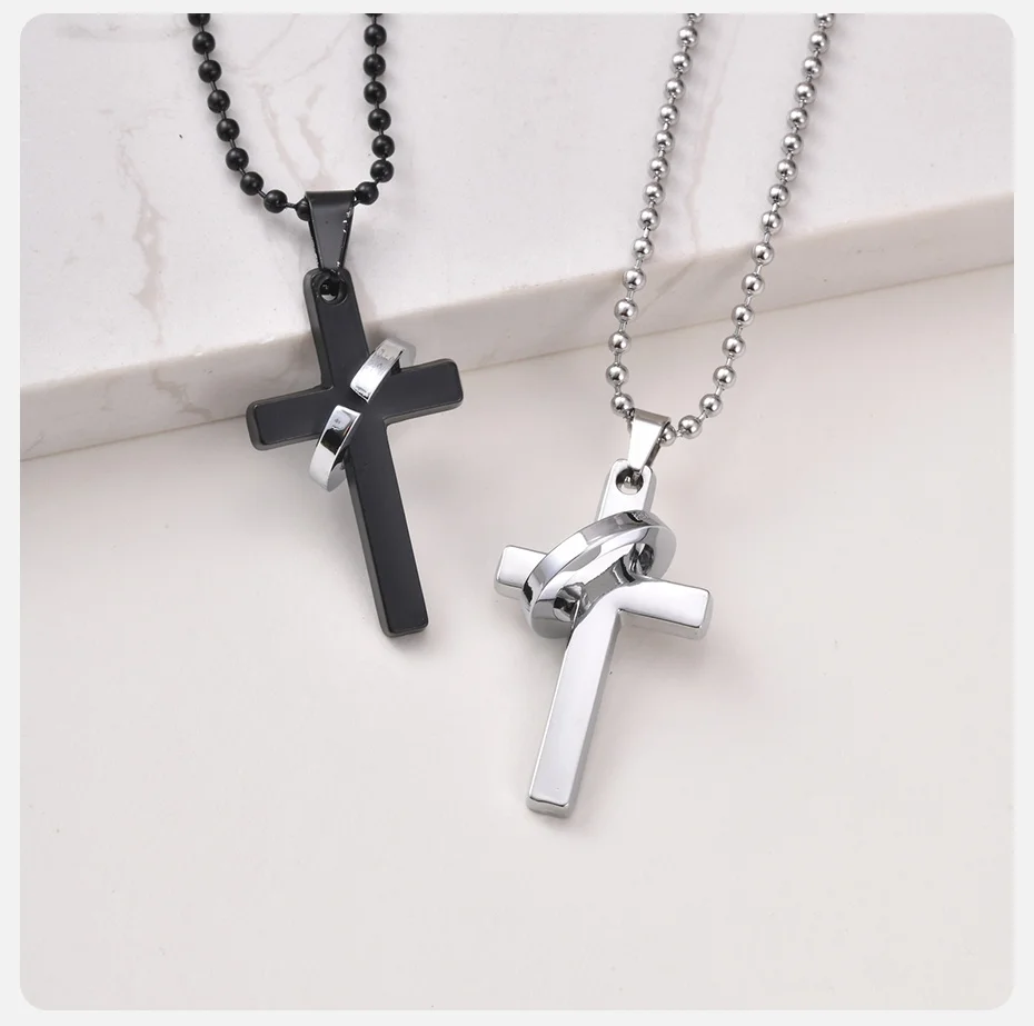 Vnox Geometrische Kreuz-Kreis-Anhänger-Halsketten für Männer, Edelstahl in Schwarz und Silber, Mehrschichtige Halskette als Gothic-Glaubensgeschenk – Detail 5