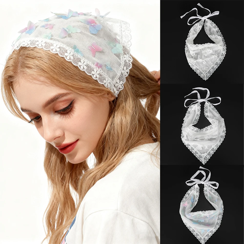 

3 шт./компл., кружевной треугольный платок с аппликацией в виде бабочки, банданы для волос, платок для девочек, шарф для волос в стиле бохо, повязка на голову