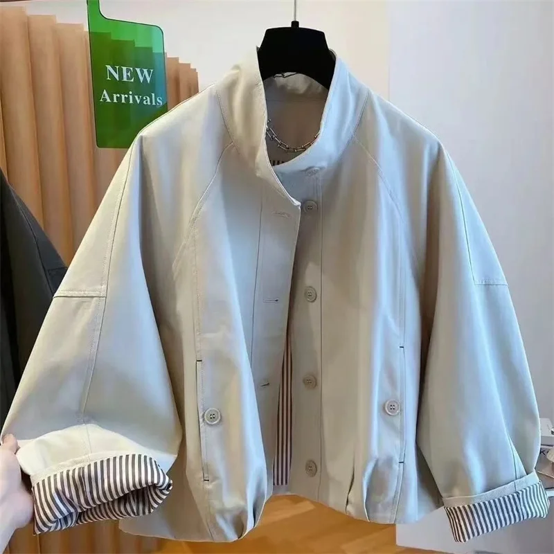Korean Women Casual Color Blocking Coat Female Fashion Stand Collar Patchwork Outwear Spring Autumn Ladies Long Sleeves Jacket