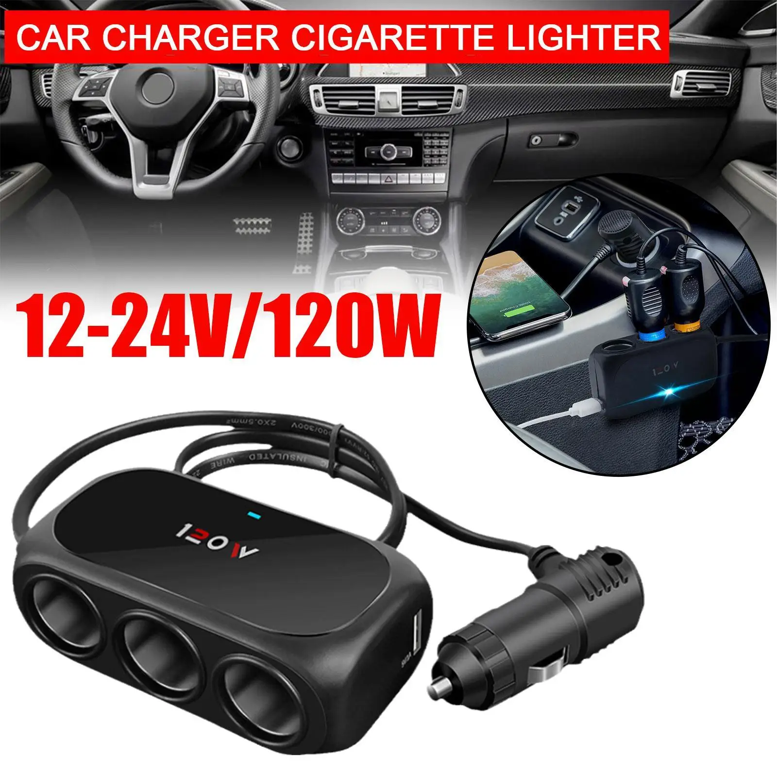 

Universal 12V 24V 3 Way Cigarette Lighter Multi Socket Car Splitter ABS Dual USB Charger Adapter Black Auto Interior Parts