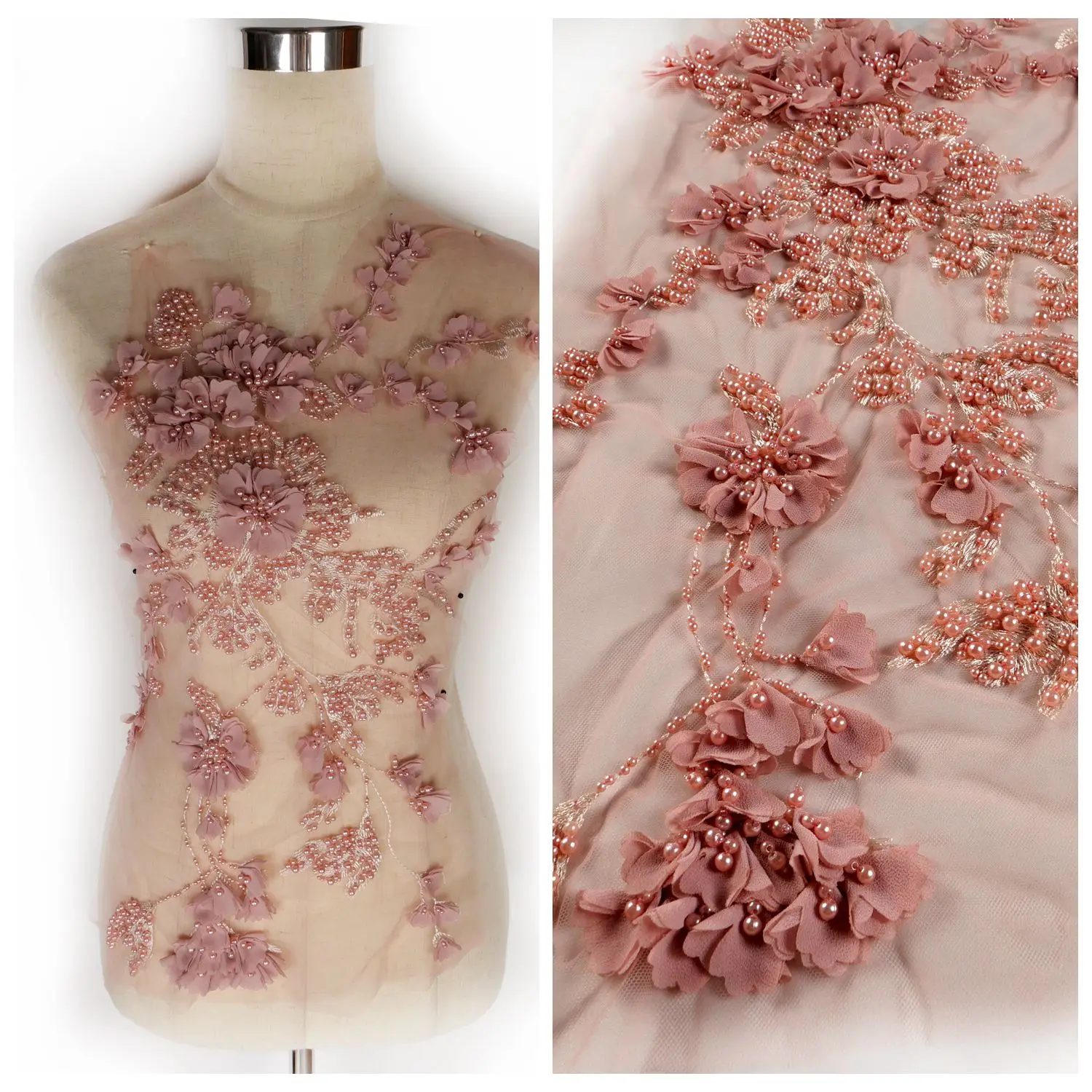 1 piece pink handmade 3D chiffon beaded lace fabric decal decorative wedding dress DIY patch accessories 55*28cm