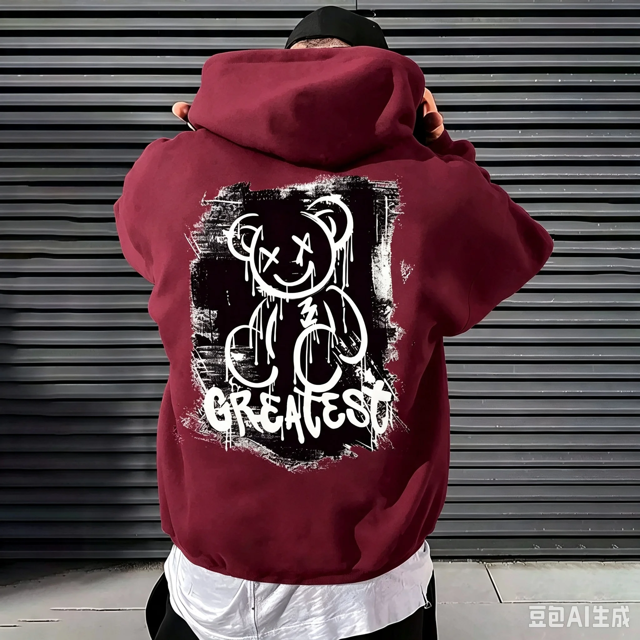Herren Teddybär-Buchstabendruck Lockerer Bequemer Langarm-Kapuzenpullover für Herbst/Winter Street-Trend Freizeitkleidung – Detail 6