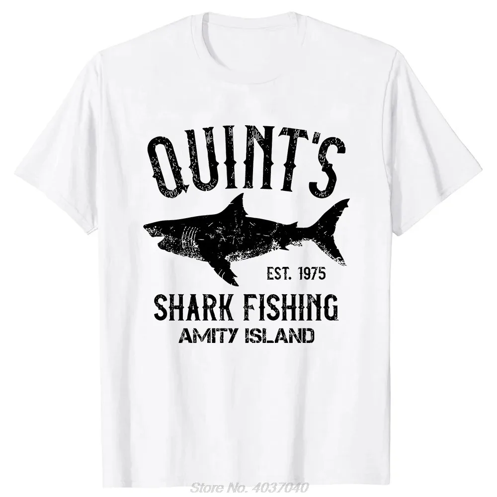 Quints Shark JAWS Amity Island 1975 البحرية تي شيرت الرجال الملابس عادية الأساسية تي شيرت المتضخم اللياقة البدنية التي شيرت تيز القمم