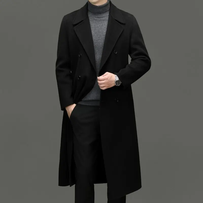 

Men's Double Sided Wool Windbreaker Autumn Winter Long Coat with Over Knee Design Double Row Buttons