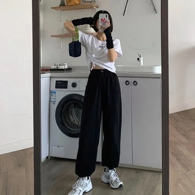 Simple Women Jogger Pants Solid Colors High Waist Sport Pant Preppy Style Cute Girls Loose Casual Wide Leg Pants Chic Trousers