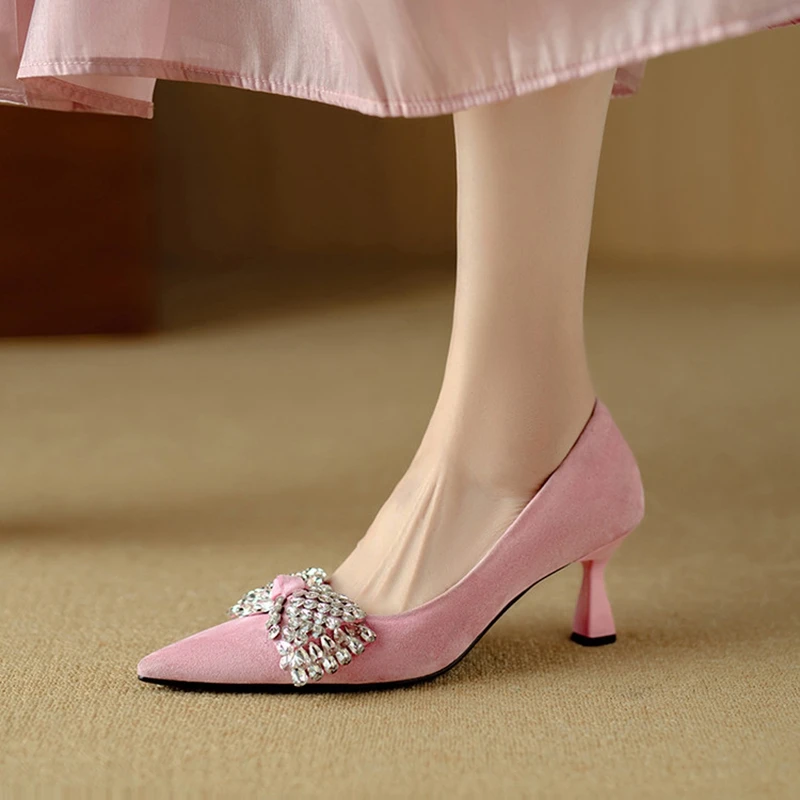 

NEW Spring/Autumn Women Pumps Sheep Suede Leather Shoes Women Pointed Toe Thin Heel Shoes Sweet Bow-knot Slip-on Shallow Shoes