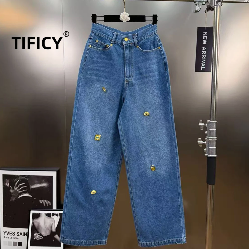 

High Street Jeans Pants Women's Spring Metal Buckle Decorated Mid-Waist Wide-Leg Denim Pants Washed Straight Leg Casual