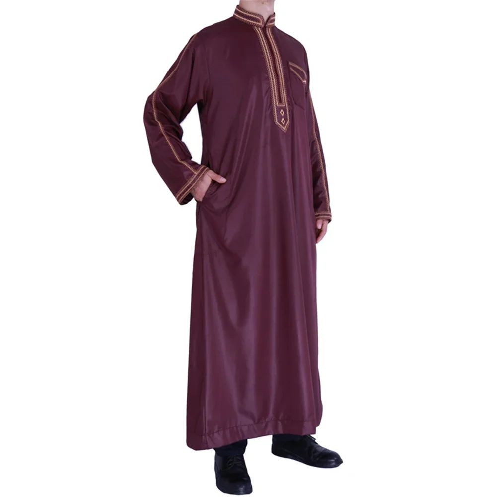 Busana liburan nyaman pria jubah pakaian kasual lengan panjang longgar Muslim sedikit meregang warna Solid kerah berdiri