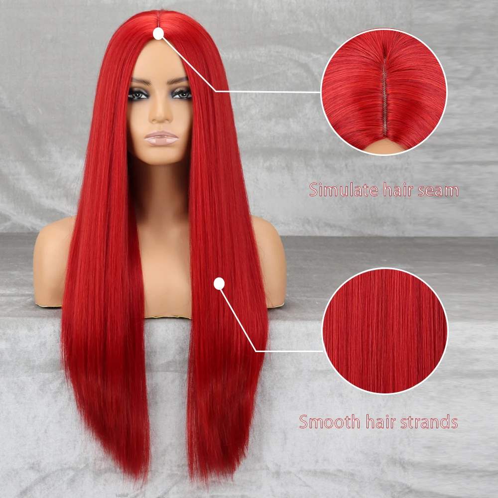 Synthetic Long Red Wig Straight Middlepart Cosplay Wig For Girls Sally Red Dress Up Wig For Party Wig For  Halloween Wig