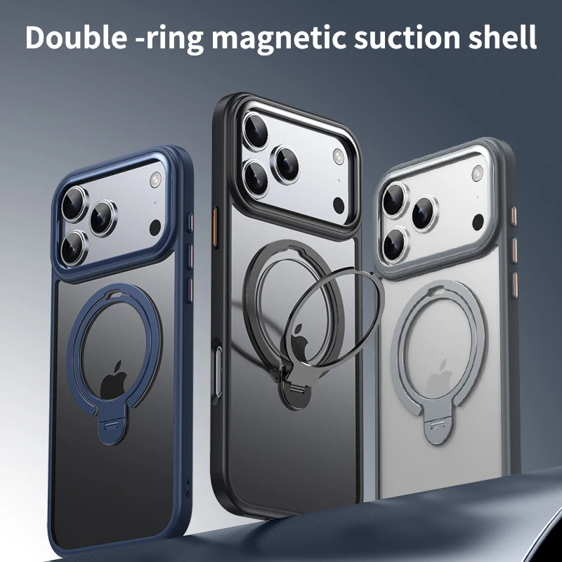 Funda con soporte de anillo magnético doble para iPhone 17 Pro Max, cubierta mate de aire, soporte de rotación de 360 grados para protección fuerte Magsafe